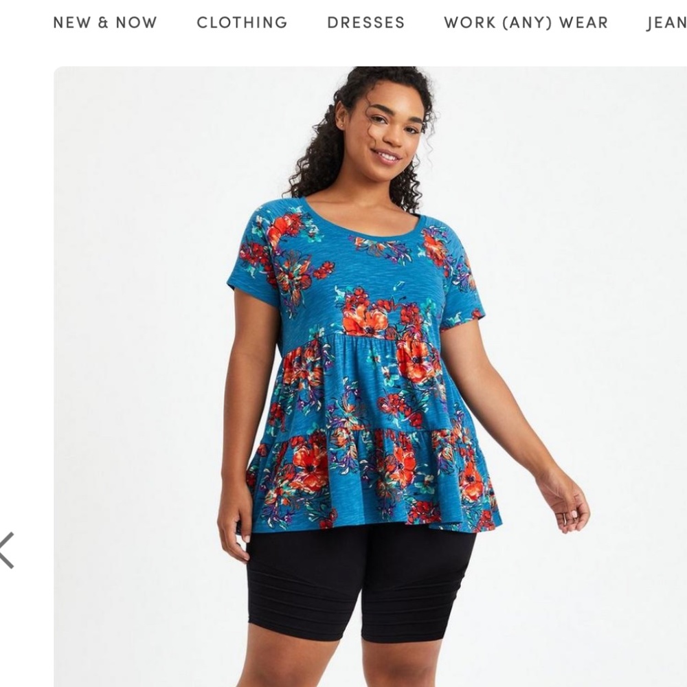 Torrid Blue Floral Babydoll Slub Scoop Neck Tiered Top - Size 0
